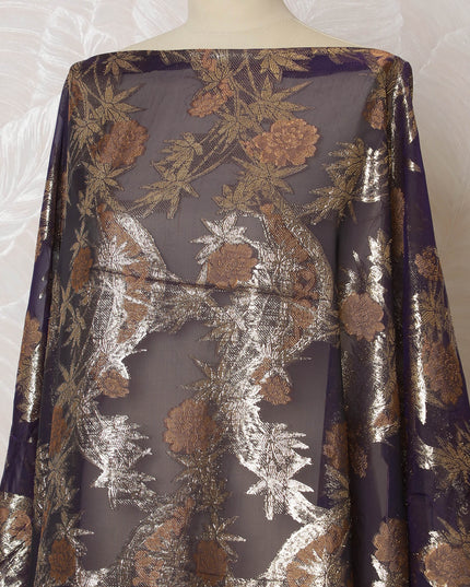 Dark Plum French Silk Chiffon Fabric with Gold Floral Embroidery, Traditional Somali Dirac - 140 cm Width, 3.5 Meters-D20144