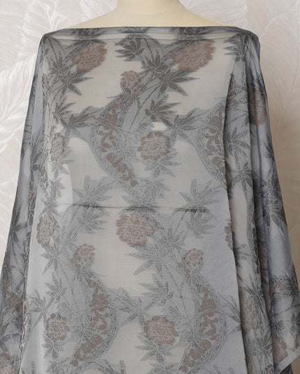 Silver Grey French Silk Chiffon Fabric with Rose Gold Floral Embroidery, Traditional Somali Dirac - 140 cm Width, 3.5 Meters-D20145