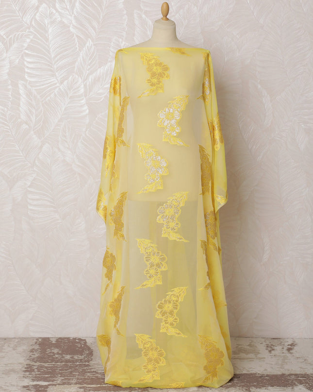 Sunshine Yellow French Silk Chiffon Fabric with Gold Embroidery, Traditional Somali Dirac - 140 cm Width, 3.5 Meters-D20146