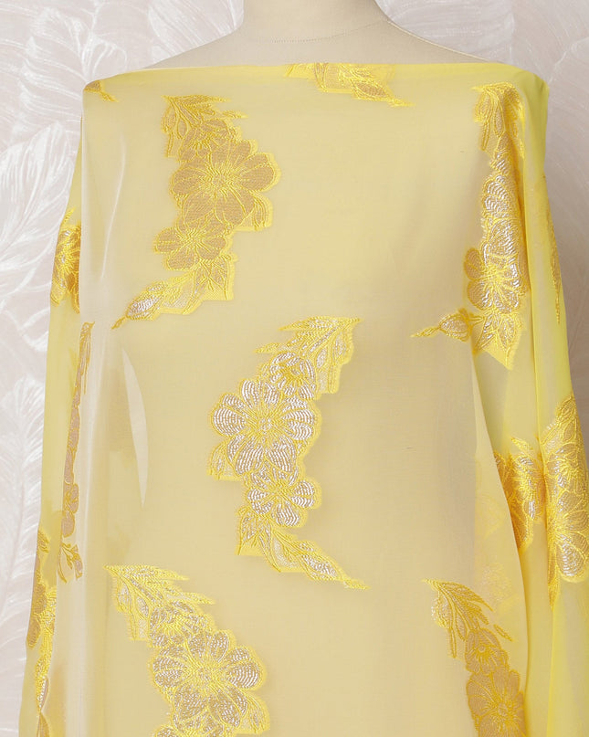 Sunshine Yellow French Silk Chiffon Fabric with Gold Embroidery, Traditional Somali Dirac - 140 cm Width, 3.5 Meters-D20146