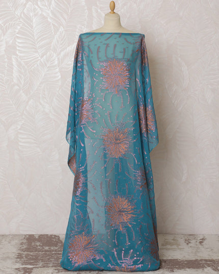 Aqua Blue French Silk Chiffon Fabric with Pink and Silver Embroidery, Traditional Somali Dirac - 140 cm Width, 3.5 Meters-D20149