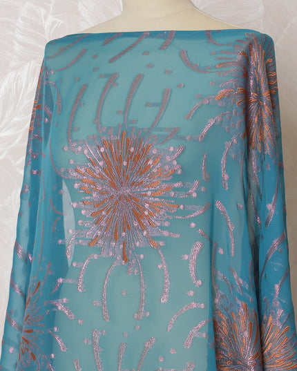 Aqua Blue French Silk Chiffon Fabric with Pink and Silver Embroidery, Traditional Somali Dirac - 140 cm Width, 3.5 Meters-D20149