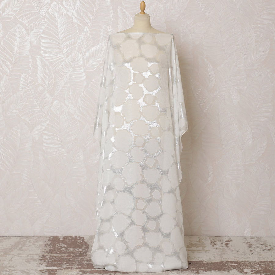 Ivory French Silk Chiffon Fabric with Silver Floral Lurex, Traditional Somali Dirac - 140 cm Width, 3.5 Meters-D20150