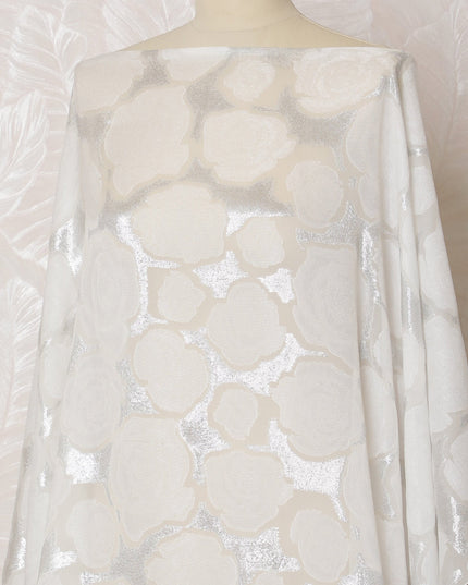 Ivory French Silk Chiffon Fabric with Silver Floral Lurex, Traditional Somali Dirac - 140 cm Width, 3.5 Meters-D20150