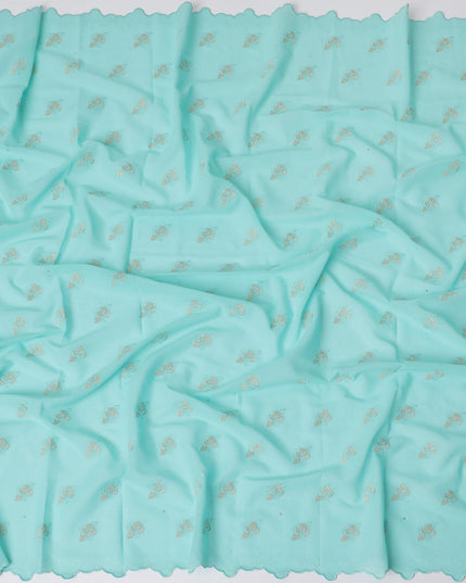 Traditional Premium Swiss Cotton Voile Embroidered Fabric - Light Turquoise, Floral Motifs, 140 cm Wide-D20191