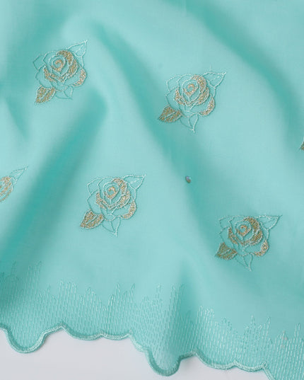 Traditional Premium Swiss Cotton Voile Embroidered Fabric - Light Turquoise, Floral Motifs, 140 cm Wide-D20191