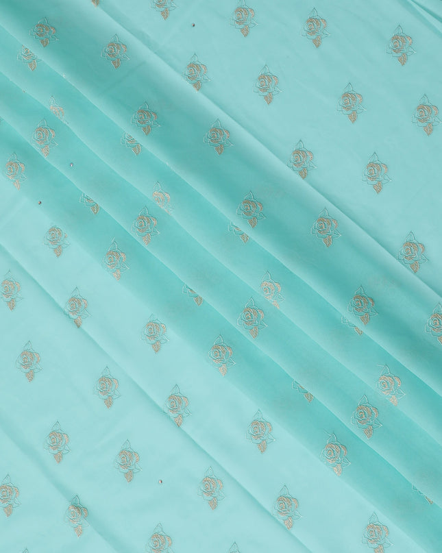 Traditional Premium Swiss Cotton Voile Embroidered Fabric - Light Turquoise, Floral Motifs, 140 cm Wide-D20191