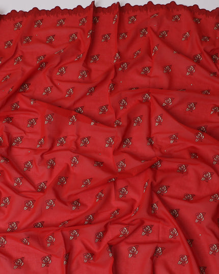 Traditional Red Premium Swiss Cotton Voile Embroidered Fabric - Rose Motifs, 140 cm Wide-D20192