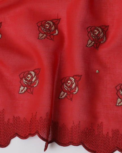 Traditional Red Premium Swiss Cotton Voile Embroidered Fabric - Rose Motifs, 140 cm Wide-D20192