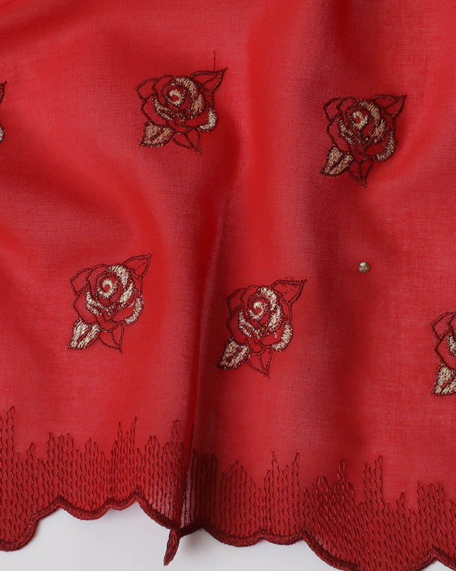 Traditional Red Premium Swiss Cotton Voile Embroidered Fabric - Rose Motifs, 140 cm Wide-D20192