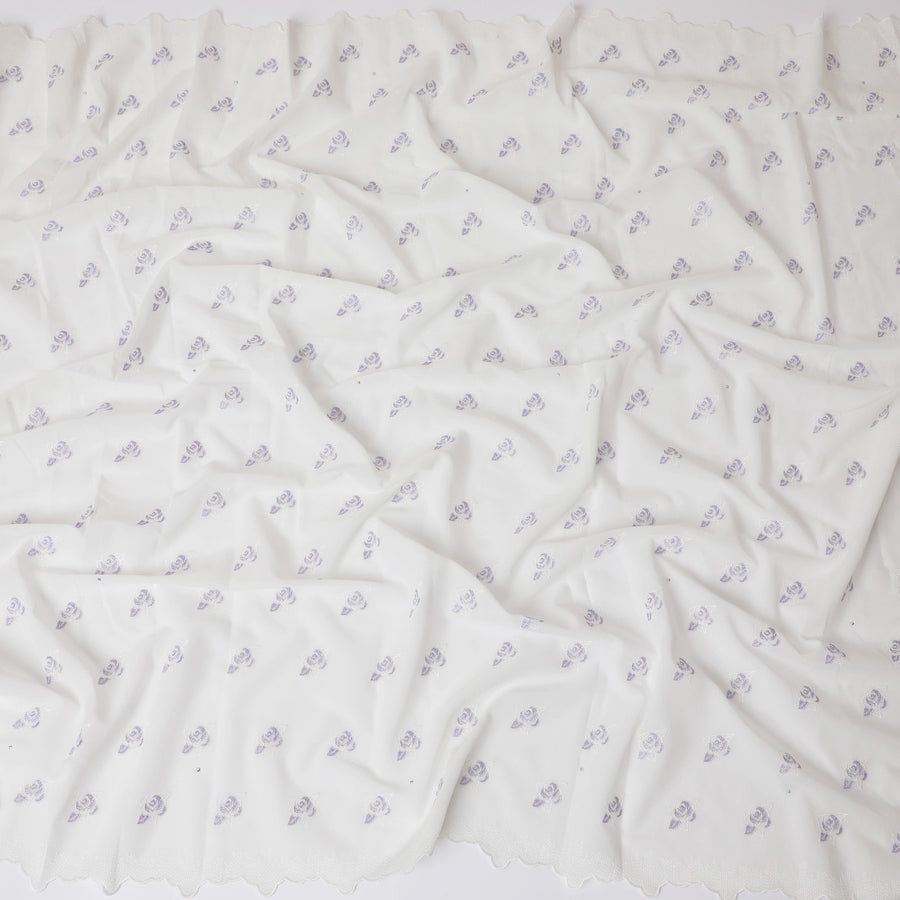 White Premium Swiss Cotton Voile Fabric with Blue Rose Embroidery - Traditional Thobe Material, 140 cm Wide-D20193