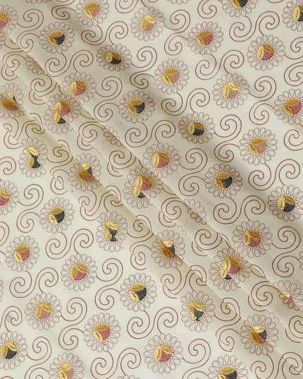 Luxurious Golden Embroidered Premium Swiss Cotton Voile Fabric - Traditional Thobe Material, 140 cm Wide-D20194