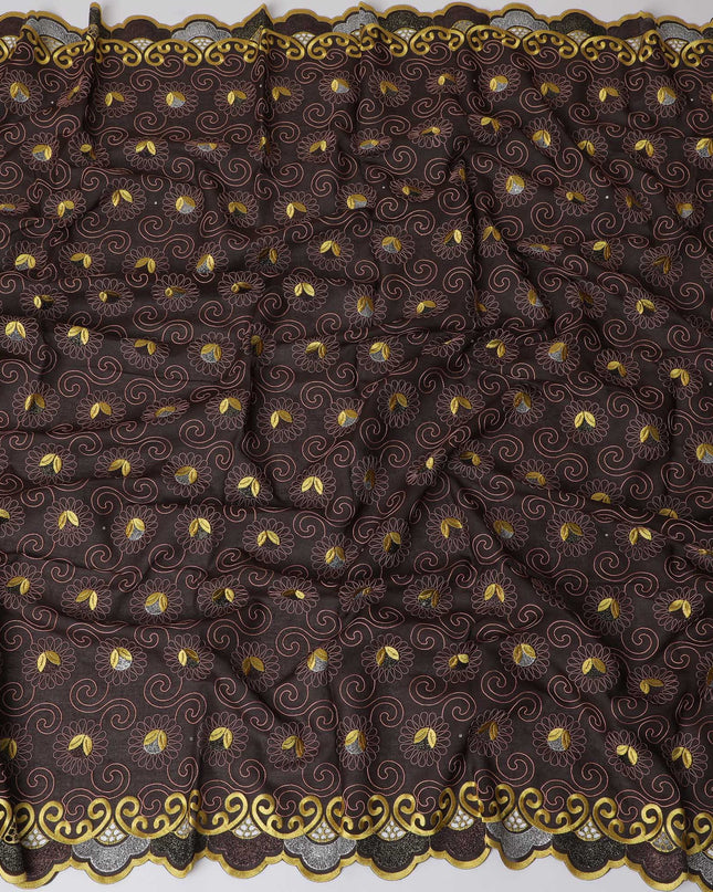 Elegant Dark Brown Premium Swiss Cotton Voile Fabric with Gold and Silver Embroidery - Traditional Thobe Material, 140 cm Wide-D20195