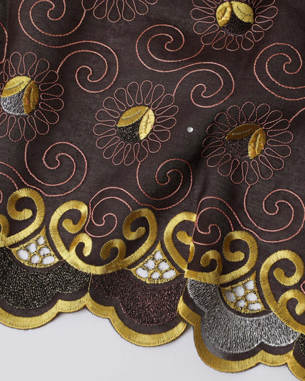 Elegant Dark Brown Premium Swiss Cotton Voile Fabric with Gold and Silver Embroidery - Traditional Thobe Material, 140 cm Wide-D20195