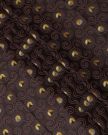 Elegant Dark Brown Premium Swiss Cotton Voile Fabric with Gold and Silver Embroidery - Traditional Thobe Material, 140 cm Wide-D20195