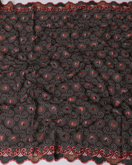 Dark Brown Premium Swiss Cotton Voile Fabric with Red and Gold Floral Embroidery - Traditional Thobe Material, 140 cm Wide-D20197