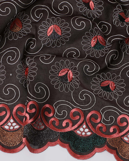 Dark Brown Premium Swiss Cotton Voile Fabric with Red and Gold Floral Embroidery - Traditional Thobe Material, 140 cm Wide-D20197