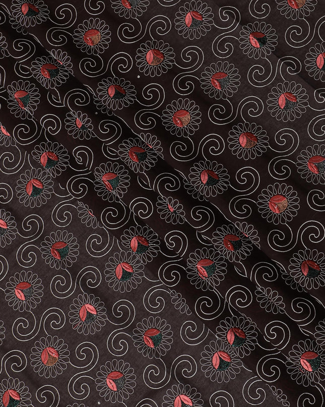 Dark Brown Premium Swiss Cotton Voile Fabric with Red and Gold Floral Embroidery - Traditional Thobe Material, 140 cm Wide-D20197