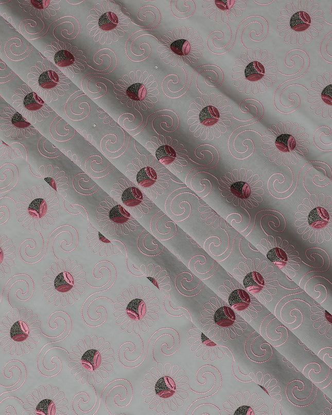 Light Gray Premium Swiss Cotton Voile Fabric with Red Floral Embroidery - Traditional Thobe Material, 140 cm Wide-D20198