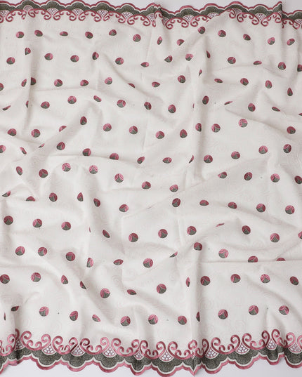 White Premium Swiss Cotton Voile Fabric with Burgundy Embroidered Accents - Traditional Thobe Material, 140 cm Wide-D20199