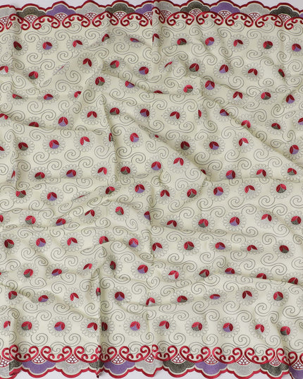 Cream Premium Swiss Cotton Voile Fabric with Red Floral Embroidery and Scroll Design - Traditional Thobe Material, 140 cm Wide
-D20200