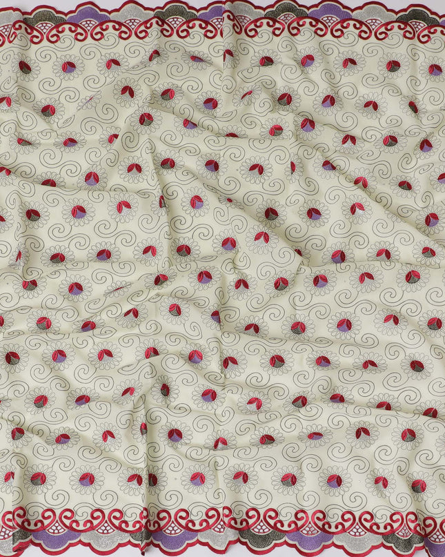 Cream Premium Swiss Cotton Voile Fabric with Red Floral Embroidery and Scroll Design - Traditional Thobe Material, 140 cm Wide
-D20200