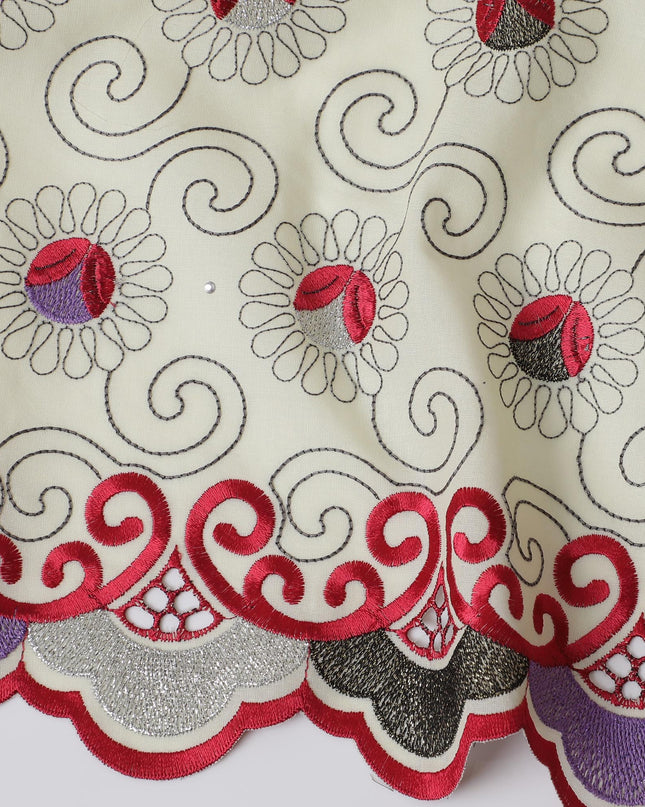 Cream Premium Swiss Cotton Voile Fabric with Red Floral Embroidery and Scroll Design - Traditional Thobe Material, 140 cm Wide
-D20200