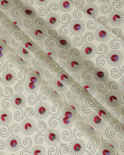 Cream Premium Swiss Cotton Voile Fabric with Red Floral Embroidery and Scroll Design - Traditional Thobe Material, 140 cm Wide
-D20200