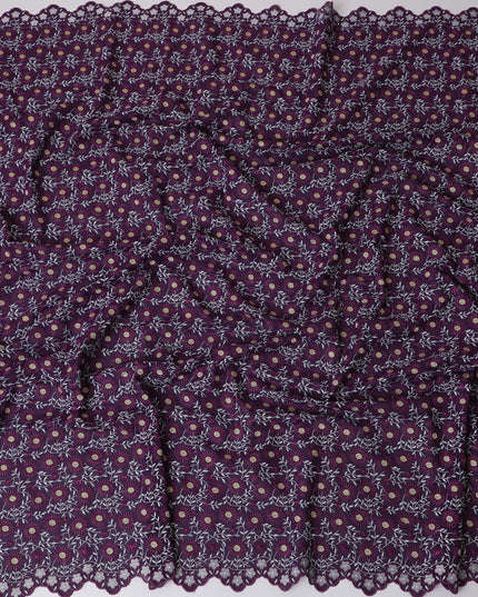 Dark Purple Premium Swiss Cotton Voile Fabric with White Floral Embroidery - Traditional Thobe Material, 140 cm Wide-D20201