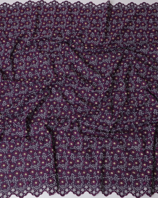 Dark Purple Premium Swiss Cotton Voile Fabric with White Floral Embroidery - Traditional Thobe Material, 140 cm Wide-D20201