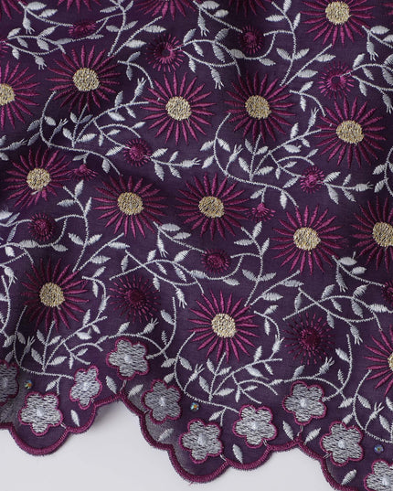 Dark Purple Premium Swiss Cotton Voile Fabric with White Floral Embroidery - Traditional Thobe Material, 140 cm Wide-D20201