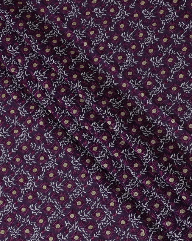 Dark Purple Premium Swiss Cotton Voile Fabric with White Floral Embroidery - Traditional Thobe Material, 140 cm Wide-D20201