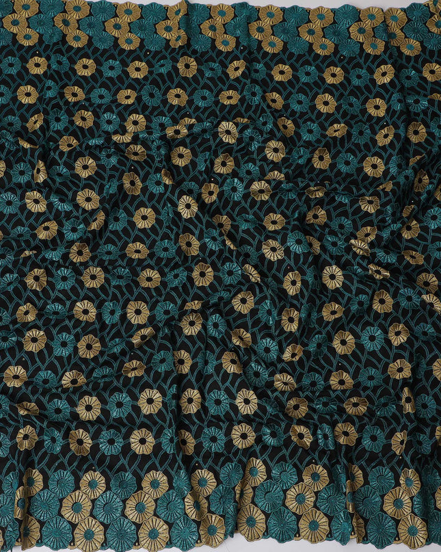 Teal, Black Premium Swiss Cotton Voile Fabric with Gold Floral Embroidery - Traditional Thobe Material, 140 cm Wide-D20203