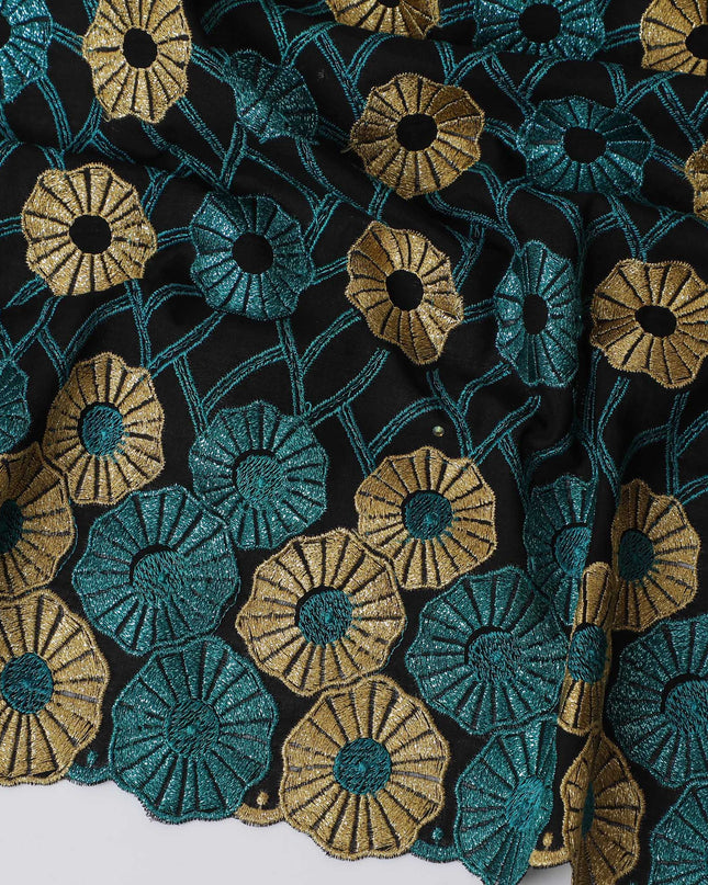 Teal, Black Premium Swiss Cotton Voile Fabric with Gold Floral Embroidery - Traditional Thobe Material, 140 cm Wide-D20203