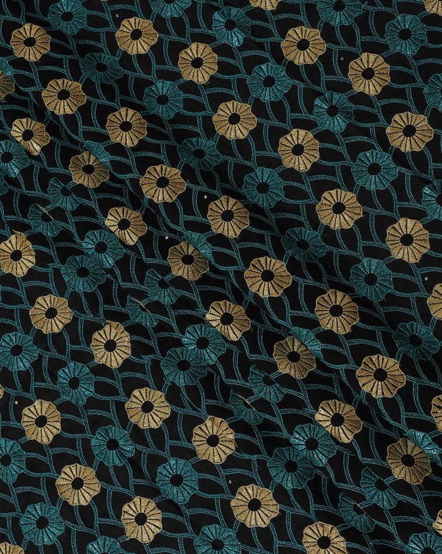 Teal, Black Premium Swiss Cotton Voile Fabric with Gold Floral Embroidery - Traditional Thobe Material, 140 cm Wide-D20203