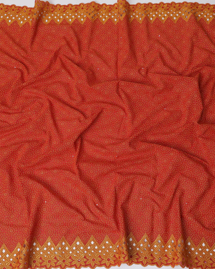 Vibrant Red Premium Swiss Cotton Voile Fabric with Golden Embroidery - Traditional Thobe Material, 140 cm Wide-D20204