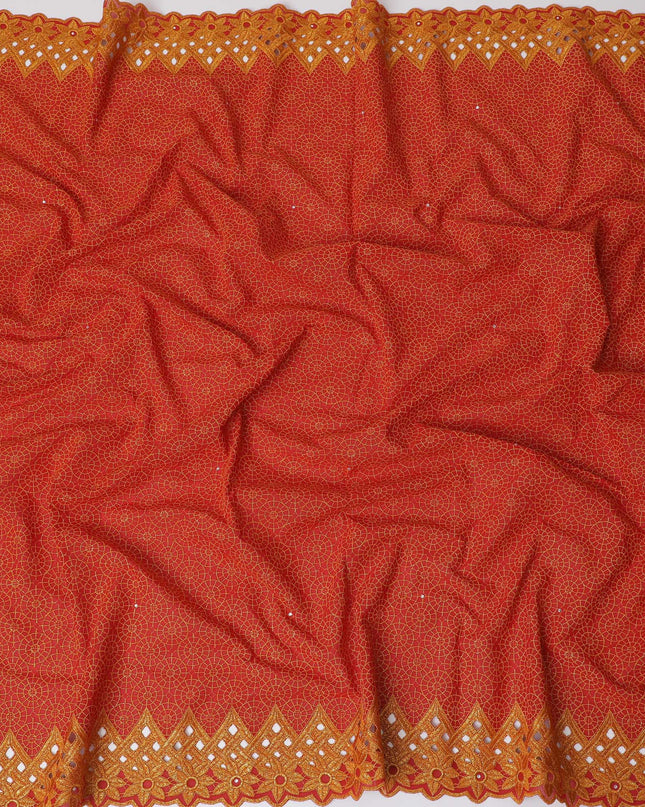 Vibrant Red Premium Swiss Cotton Voile Fabric with Golden Embroidery - Traditional Thobe Material, 140 cm Wide-D20204