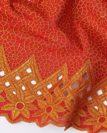 Vibrant Red Premium Swiss Cotton Voile Fabric with Golden Embroidery - Traditional Thobe Material, 140 cm Wide-D20204