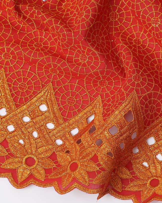 Vibrant Red Premium Swiss Cotton Voile Fabric with Golden Embroidery - Traditional Thobe Material, 140 cm Wide-D20204