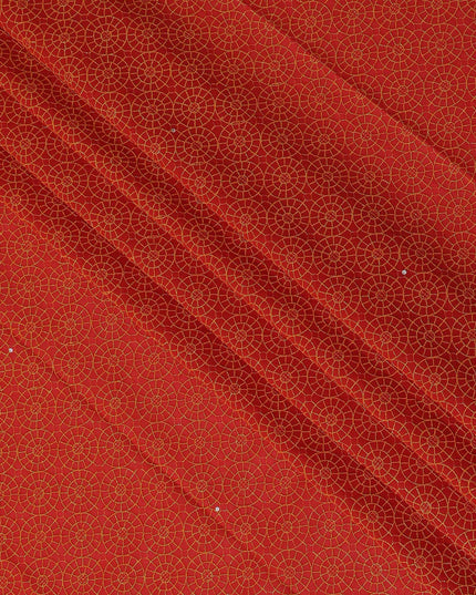 Vibrant Red Premium Swiss Cotton Voile Fabric with Golden Embroidery - Traditional Thobe Material, 140 cm Wide-D20204