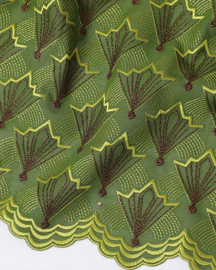 Green Premium Swiss Cotton Voile Fabric with Brown Fan Embroidery - Traditional Thobe Material, 140 cm Wide-D20206