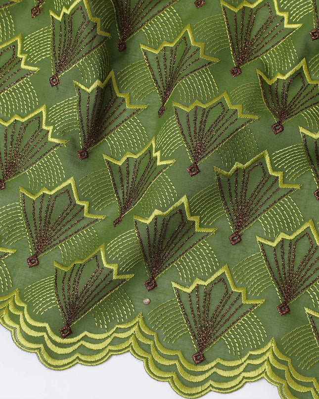 Green Premium Swiss Cotton Voile Fabric with Brown Fan Embroidery - Traditional Thobe Material, 140 cm Wide-D20206