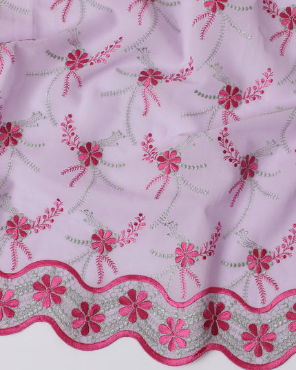 Light Pink Premium Swiss Cotton Voile Fabric with Red and Silver Floral Embroidery - Traditional Thobe Material, 140 cm Wide-D20207