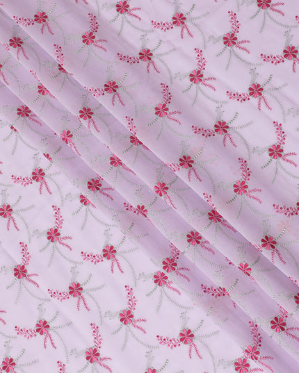 Light Pink Premium Swiss Cotton Voile Fabric with Red and Silver Floral Embroidery - Traditional Thobe Material, 140 cm Wide-D20207