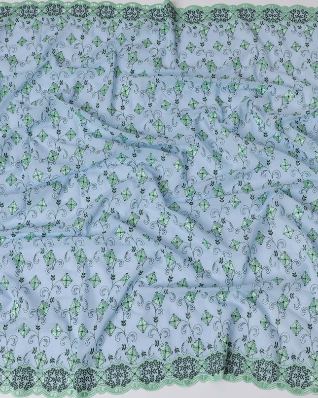 Light Blue Premium Swiss Cotton Voile Fabric with Green Vine Embroidery - Traditional Thobe Material, 140 cm Wide-D20208