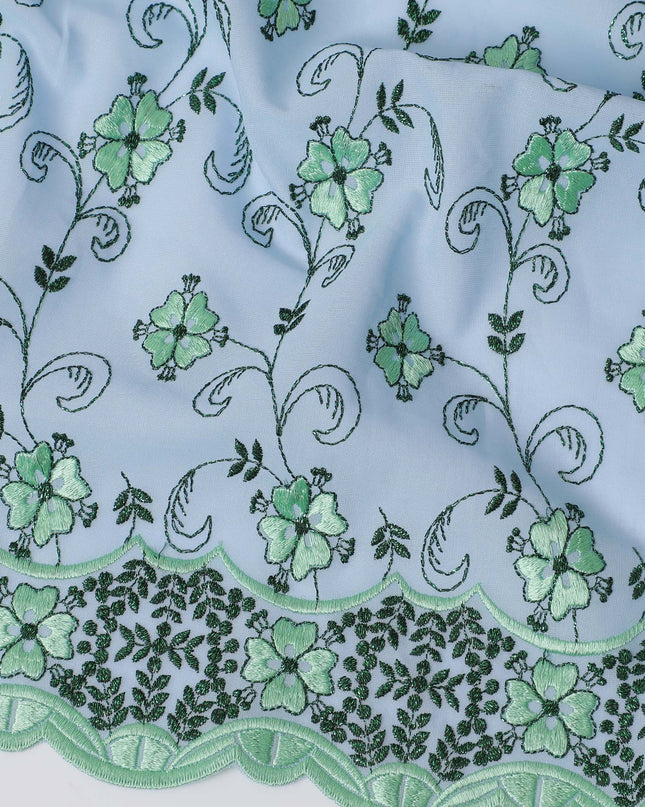 Light Blue Premium Swiss Cotton Voile Fabric with Green Vine Embroidery - Traditional Thobe Material, 140 cm Wide-D20208