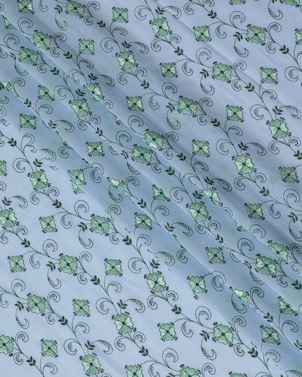 Light Blue Premium Swiss Cotton Voile Fabric with Green Vine Embroidery - Traditional Thobe Material, 140 cm Wide-D20208