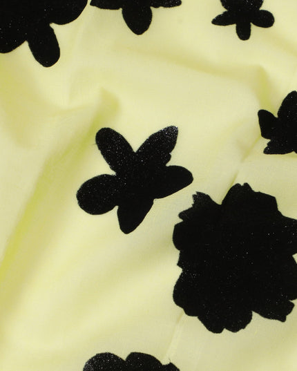 Neon Yellow Premium Swiss Cotton Voile Fabric with Black Floral Flock - Traditional Thobe Material, 140 cm Wide-D20209