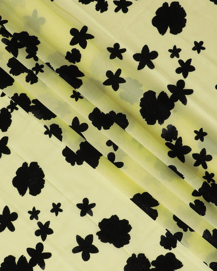 Neon Yellow Premium Swiss Cotton Voile Fabric with Black Floral Flock - Traditional Thobe Material, 140 cm Wide-D20209