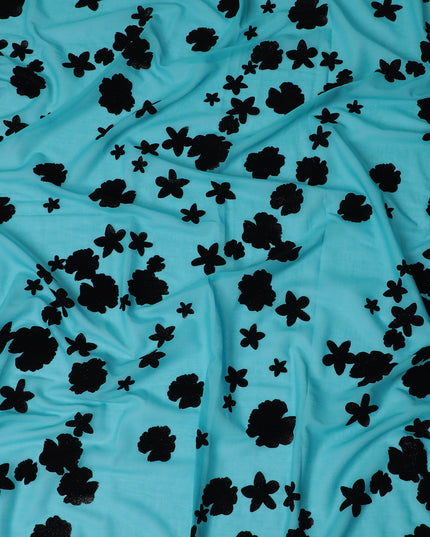 Aqua Blue Premium Swiss Cotton Voile Fabric with Black Floral Flock - Traditional Thobe Material, 140 cm Wide-D20211